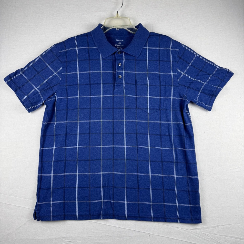 George Mens Blue Windowpane Grid Polo Shirt Large L 42-44 GM25Y012007 Pocket